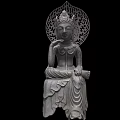 Sculpture Carving Of Seated Buddha Figure With Intricate Carved Backrest And Detailed Robe Patterns