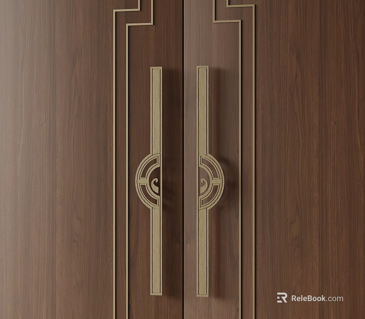 Golden Decorative Handles On Brown Wooden Doors With Elegant Design 3d model 