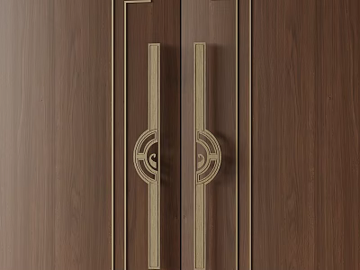 Golden Decorative Handles On Brown Wooden Doors With Elegant Design 3d model