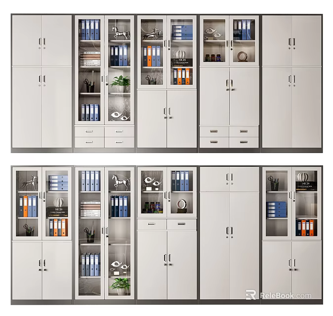 Modern Bookcase with Glass Doors Multiple Compartments and Drawers for Organized Storage 3d model 
