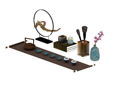 Traditional Tea Set With Teapot Teacups On Bamboo Tray And Decorative Vase 3d model