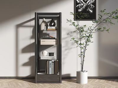Modern Glass Door Storage Cabinet With Decorative Items Books And Potted Plant 3d model