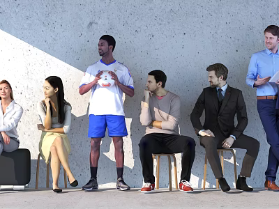 Group of Diverse People Standing And Sitting Against Concrete Wall In Modern Space 3d model