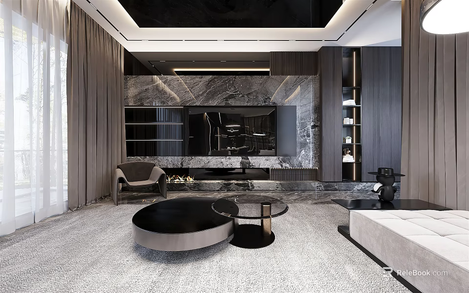 Modern Living And Dining Room Interior Design With Marble Wall TV Backdrop And Sofa 3d model 