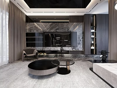 Modern Living And Dining Room Interior Design With Marble Wall TV Backdrop And Sofa 3d model