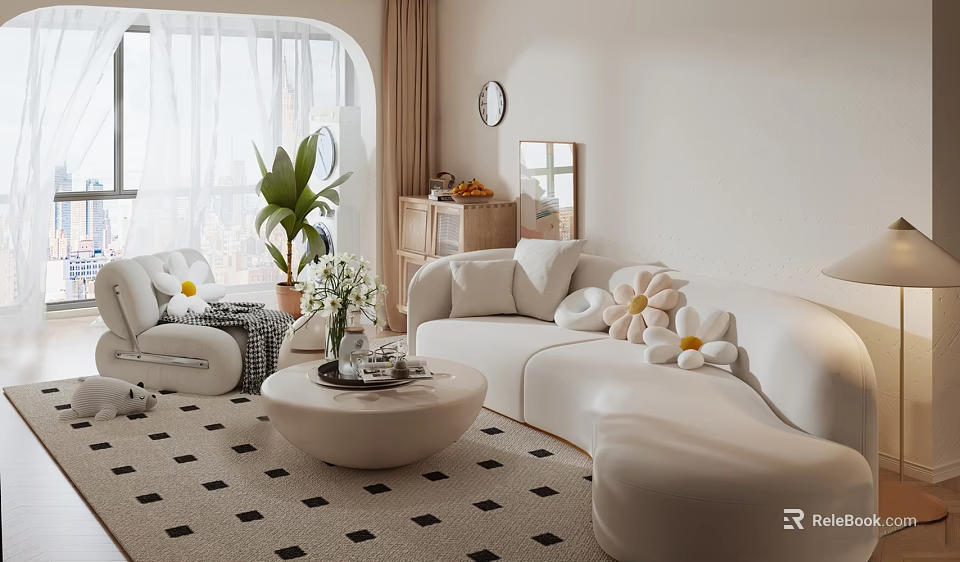 Modern Sofa Coffee Table Set with Cozy Flower Shaped Cushions Vase Plant and Checkered Rug 3d model 