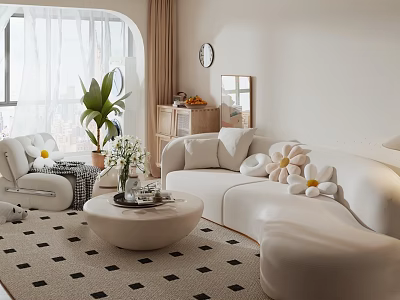 Modern Sofa Coffee Table Set with Cozy Flower Shaped Cushions Vase Plant and Checkered Rug 3d model