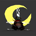 Black Cat With Red Scarf Sitting Under Yellow Crescent Moon With White Birds