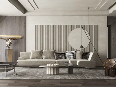 Modern Sofa Coffee Table Combination With Striped Wall Circular Decor And Throw Pillows 3d model