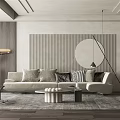 Modern Sofa Coffee Table Combination With Striped Wall Circular Decor And Throw Pillows