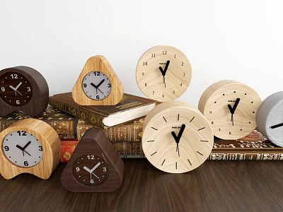 Various Wooden Clocks With Triangle And Round Shapes Displayed On Stacked Books 3d model