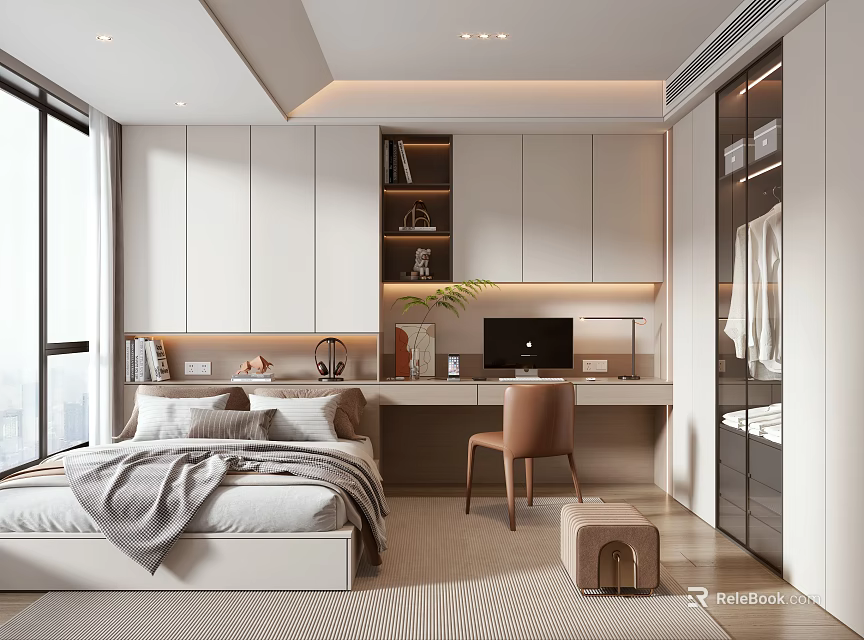 Modern Tatami Bedroom Interior Design With Desk Chair Wardrobe And Window View 3d model 