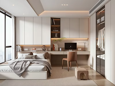Modern Tatami Bedroom Interior Design With Desk Chair Wardrobe And Window View 3d model