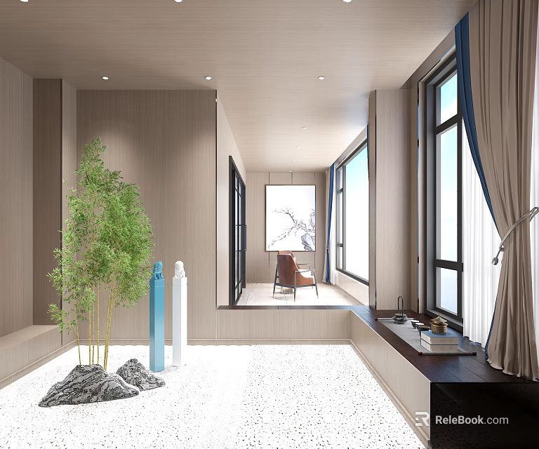 Modern Home Balcony Design With Bamboo Plants Pebble Floor And Decorative Vases 3d model 
