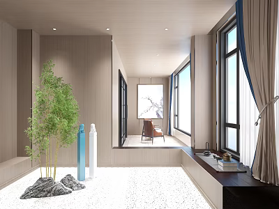 Modern Home Balcony Design With Bamboo Plants Pebble Floor And Decorative Vases 3d model