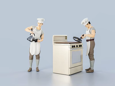 Two Men In Chef Hats And Aprons Pouring And Cooking With Spatula By Stove Oven 3d model