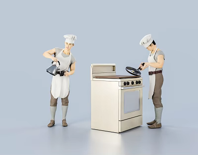 Two Men In Chef Hats And Aprons Pouring And Cooking With Spatula By Stove Oven 3d model