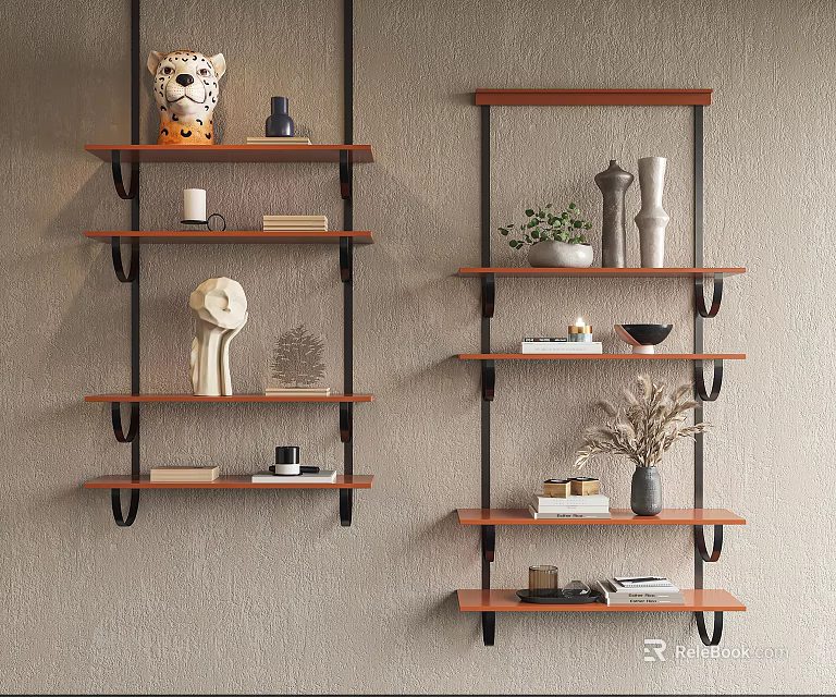 Modern Wooden Wall Cabinets On Gray Wall With Decorative Sculptures And Books 3d model 