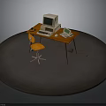 Wooden Office Desk With Orange Chair And Computer Keyboard Mouse Laptop