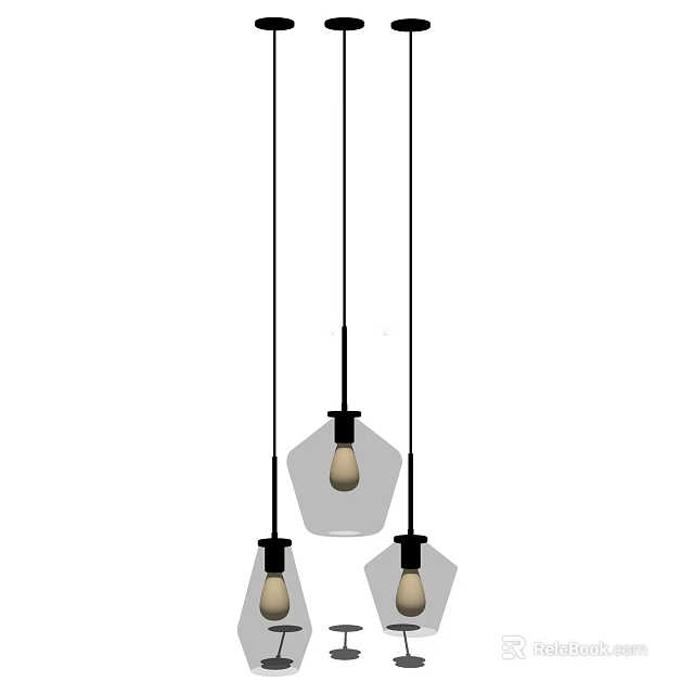 Three Modern Pendant Lights With Geometric Glass Shades And Black Metal Frames 3d model 