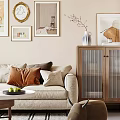 Modern Living and Dining Room Interior With Sofa Coffee Table Rug And Decorative Paintings
