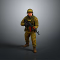 Military Soldier In Uniform With Helmet Holding Rifle Standing On Gray Background