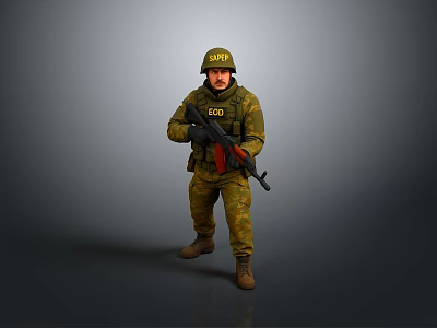 Military Soldier In Uniform With Helmet Holding Rifle Standing On Gray Background 3d model