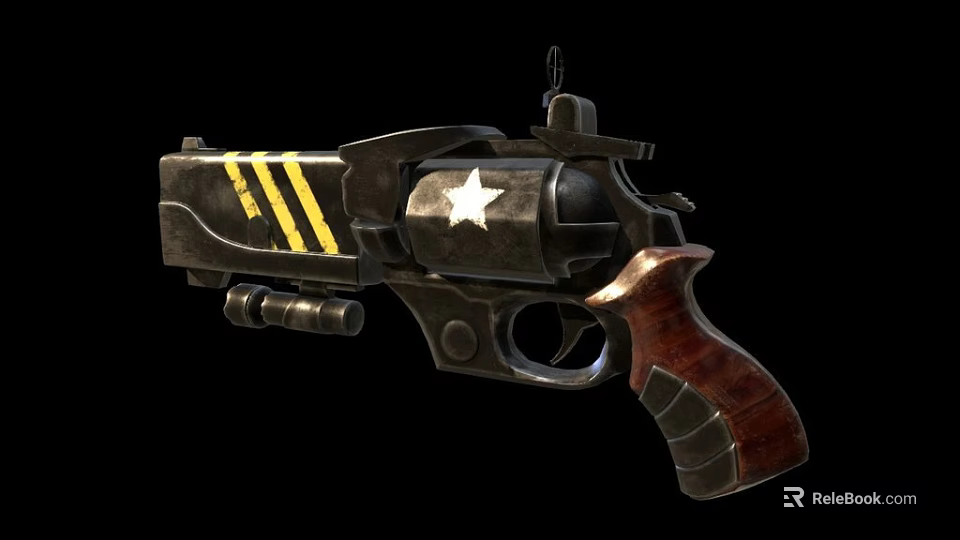 Black Revolver With Yellow Stripes White Star And Wooden Grip Design 3d model 