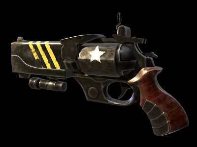 Black Revolver With Yellow Stripes White Star And Wooden Grip Design 3d model