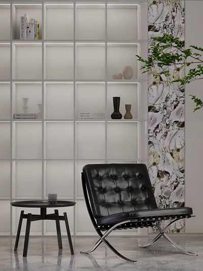 Black Leather Leisure Chair Near Round Table White Grid Bookshelf Floral Wallpaper And Green Plant 3d model