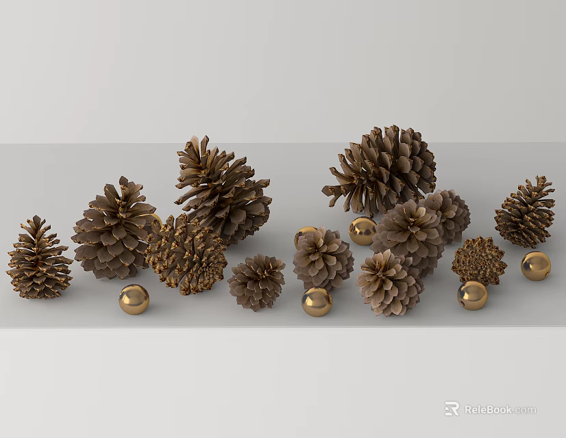 Natural Pinecones And Golden Balls For Elegant Home Decoration 3d model 