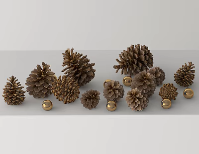 Natural Pinecones And Golden Balls For Elegant Home Decoration 3d model