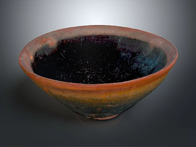 Elegant Tableware Set Featuring Ceramic Bowl With Orange Red Rim And Dark Inner Gradient Design 3d model