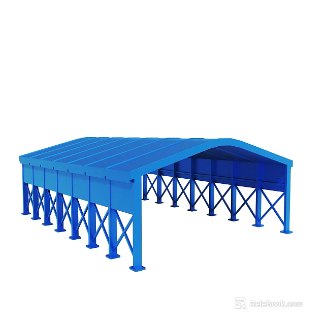 Blue Steel Outdoor Shed Structure With Support Frames And Sloped Roof 3d model