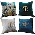 Decorative Pillows with Green Blue Gray Colors Orchid Bee and Letter T Embroidery Designs