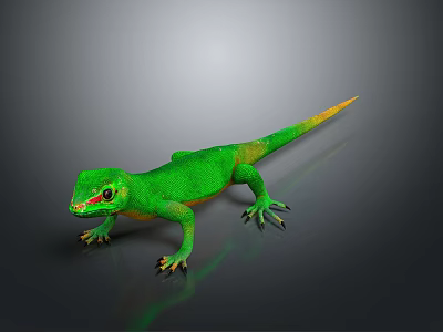 Vibrant Green Lizard With Yellow Tail On Dark Shiny Background 3d model