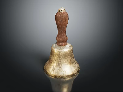 Vintage Metal Bell With Polished Wooden Handle And Shiny Rounded Body 3d model