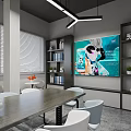 Modern Office Interior Design With Open Layout Glass Partitions Pendant Lights And Decorative Plants