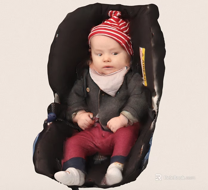 Baby in Baby Seat Wearing Red White Striped Hat Gray Coat Red Pants 3d model 