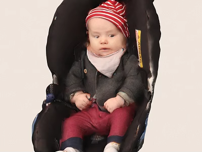Baby in Baby Seat Wearing Red White Striped Hat Gray Coat Red Pants 3d model
