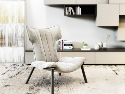 Light Gray Accent Chair Modern Design With Black Metal Legs Bookshelf Books And Potted Plant 3d model