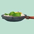 Non Stick Cooking Pan With Wooden Handle Fried Egg Avocado Slices And Purple Herbs