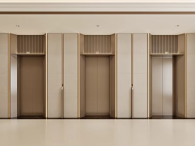 Modern Elevator Lobby With Multiple Elevator Doors Beige Walls Metallic Trim And Smooth Flooring 3d model