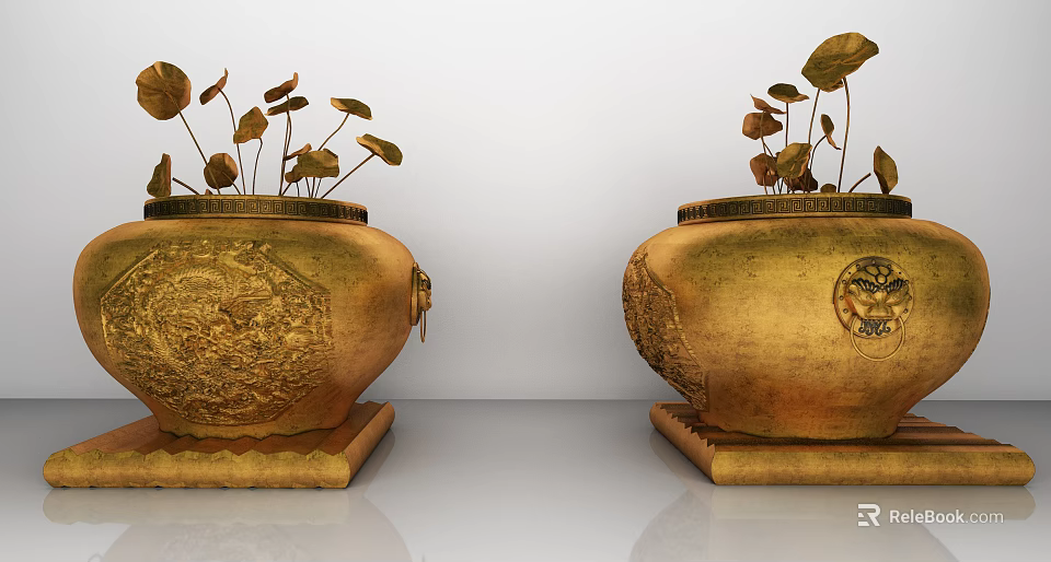 Golden Carved Decorative Ornament Set With Flower Pots Lotus Leaf Plants And Base Stands 3d model 