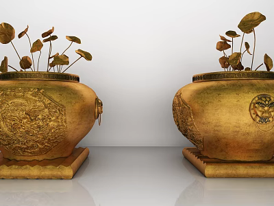 Golden Carved Decorative Ornament Set With Flower Pots Lotus Leaf Plants And Base Stands 3d model