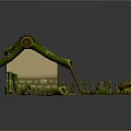 Cartoon Scene of Bamboo House with Leaning Ladder Green Roof and Vegetable Garden Tools