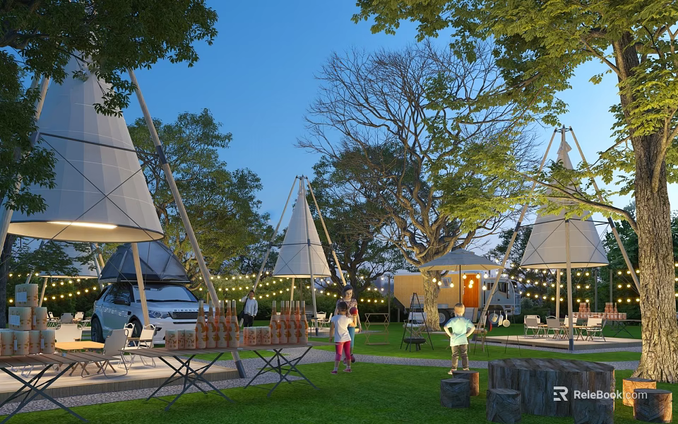 Serene Garden Landscape with Conical Tents Tall Trees String Lights and Outdoor Activity Spaces 3d model 