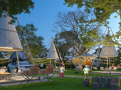 Serene Garden Landscape with Conical Tents Tall Trees String Lights and Outdoor Activity Spaces 3d model
