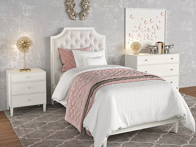 Cozy Single Bed With White Tufted Headboard Pink Quilt White Nightstands And Gold Lamps 3d model