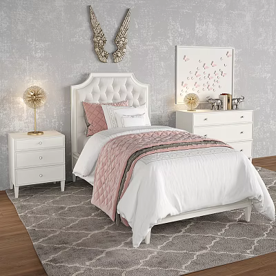 Cozy Single Bed With White Tufted Headboard Pink Quilt White Nightstands And Gold Lamps 3d model